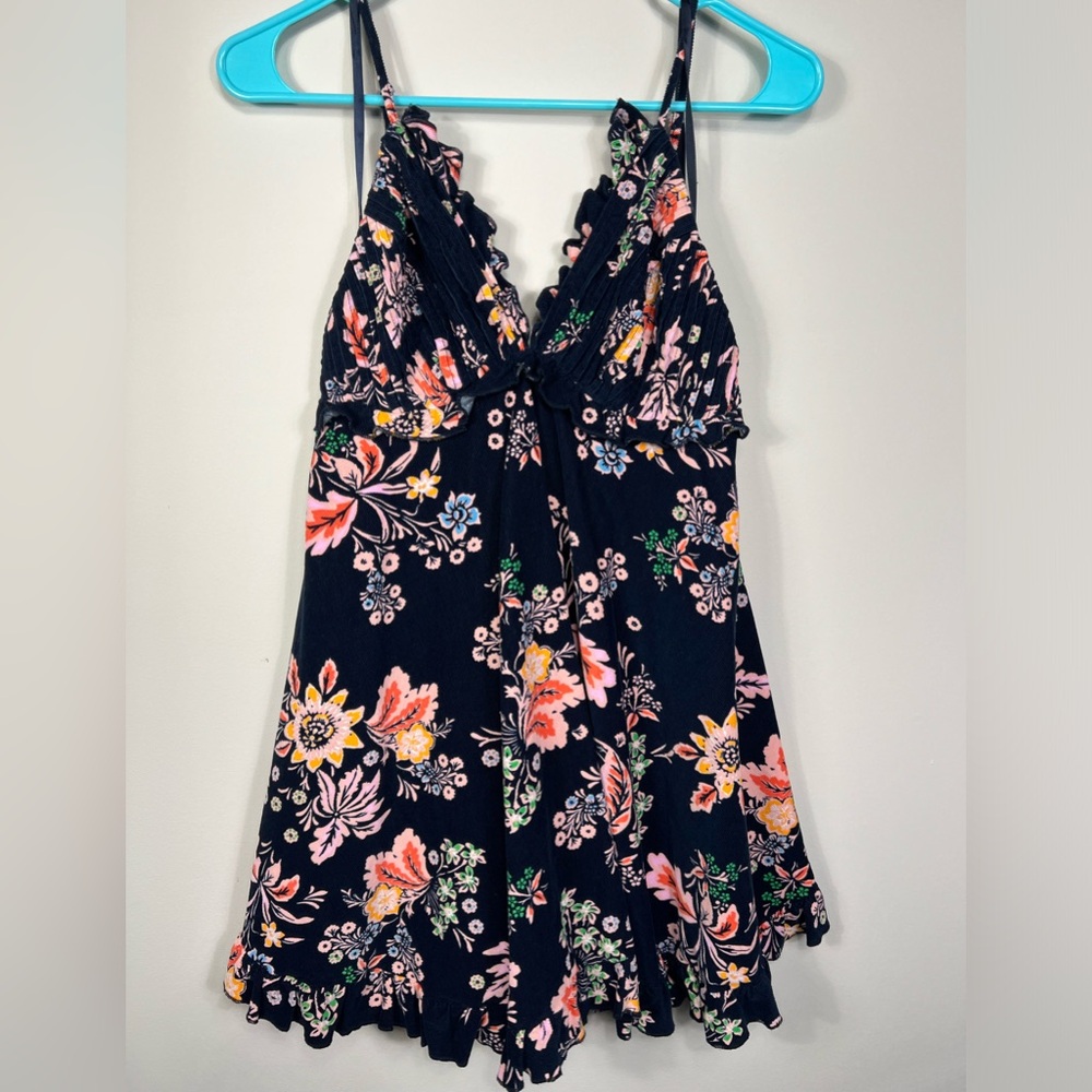 Free People NWOT Navy Blue Corduroy Floral Mini Dress, size S, small
